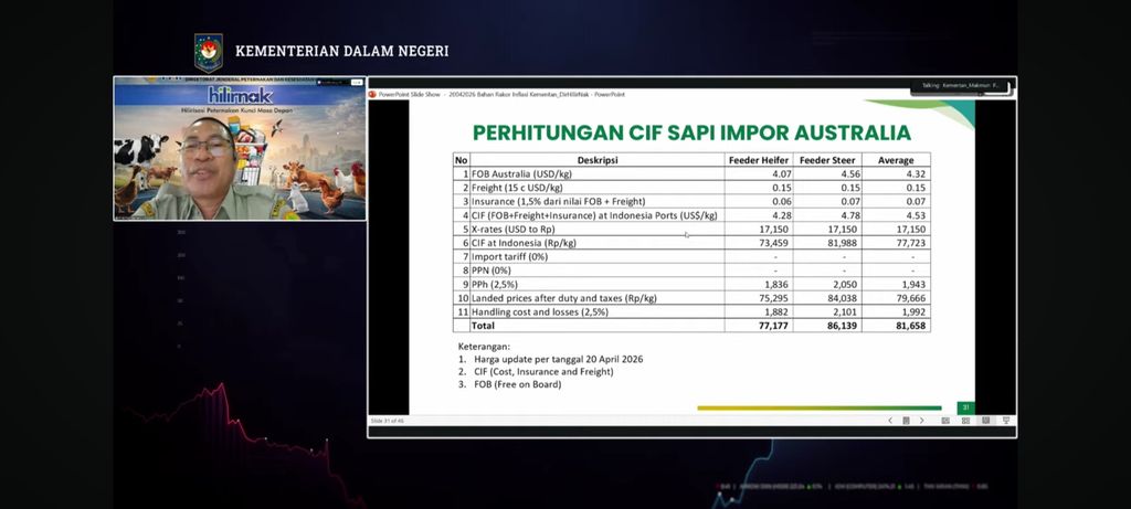 Tangkapan layar paparan Direktur Hilirisasi Hasil Peternakan Kementan, Makmun dalam Rapat Koordinasi Pengendalian Inflasi Daerah, melalui siaran YouTube Kemendagri, Senin (20/4/2026). (Dok. YouTube/Kemendagri)