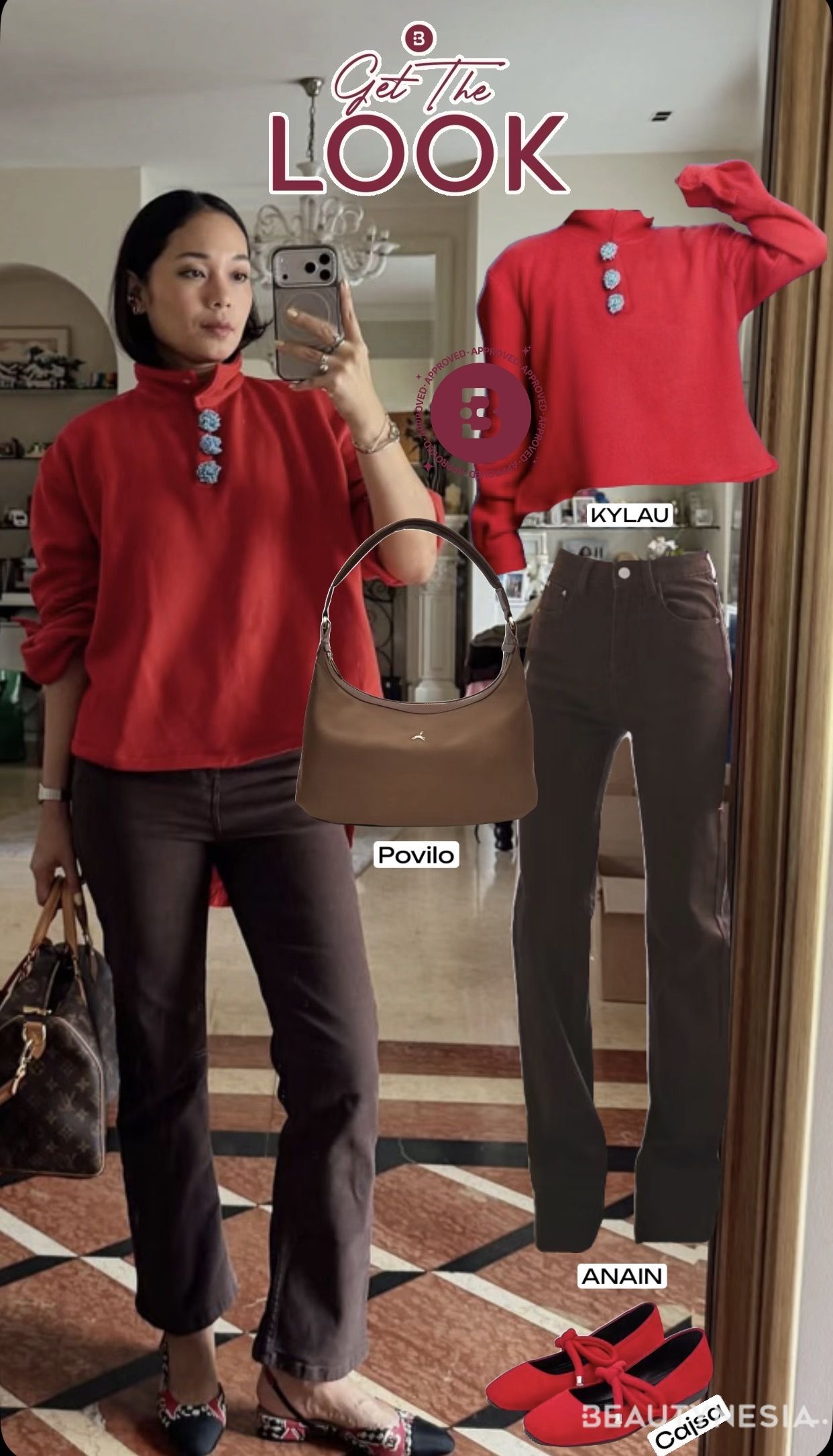 Ayla sukses curi perhatian dengan sweater berwarna merah cerah dengan aksen manik-manik berwarna biru muda.