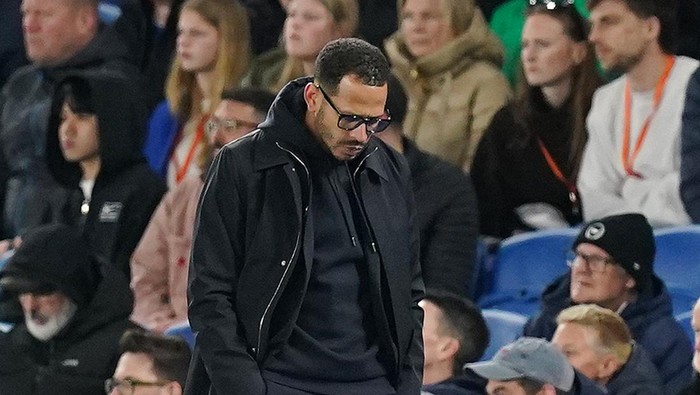 Chelsea manager Liam Rosenior reacts on the touchline during the Premier League match at the American Express Stadium, Brighton. Picture date: Tuesday April 21, 2026. (Photo by Gareth Fuller/PA Images via Getty Images)