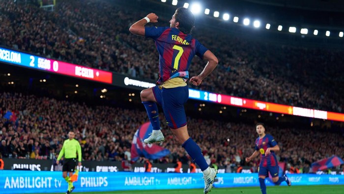 BARCELONA, SPAIN - APRIL 22: Ferran Torres of FC Barcelona celebrates his teams second goal following disallowed by offside during the LaLiga EA Sports match between FC Barcelona and RC Celta de Vigo at Spotify Camp Nou on April 22, 2026 in Barcelon