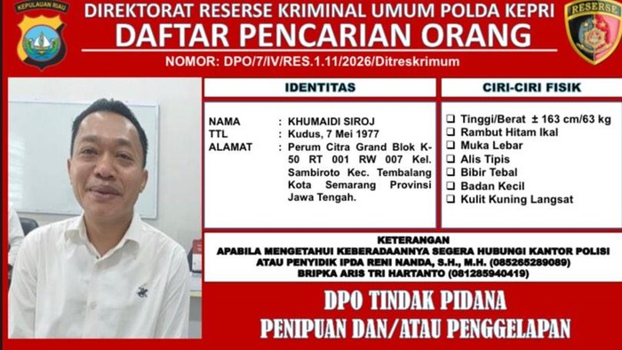 -Polisi merilis identitas DPO Khumaidi Siroj terkait kasus dugaan penipuan Rp3 miliar terhadap mantan Bupati Natuna. (Dok Polda Kepri)