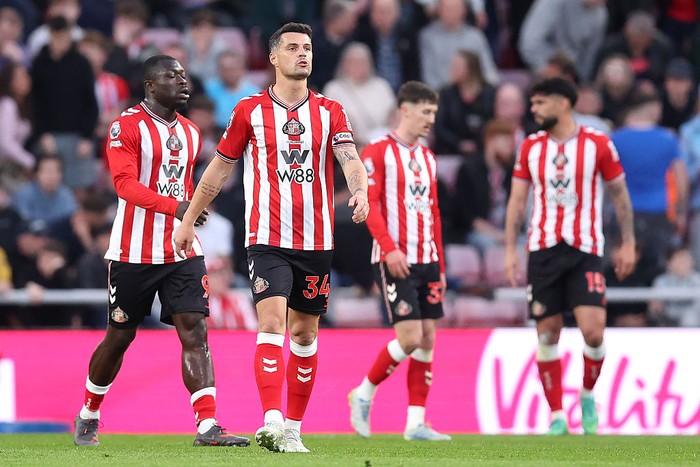 SUNDERLAND, ENGLAND - APRIL 24: Granit Xhaka of Sunderland and teammates appear dejected after they concede the opening goal during the Premier League match between Sunderland and Nottingham Forest at the Stadium of Light on April 24, 2026 in Sunderl
