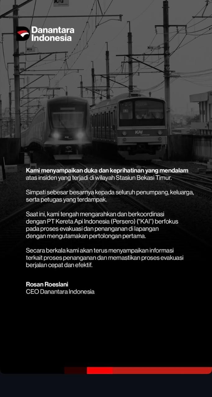 CEO Danantara Indonesia Rosan Roeslani minta KAI konsentrasi pada proses evakuasi.