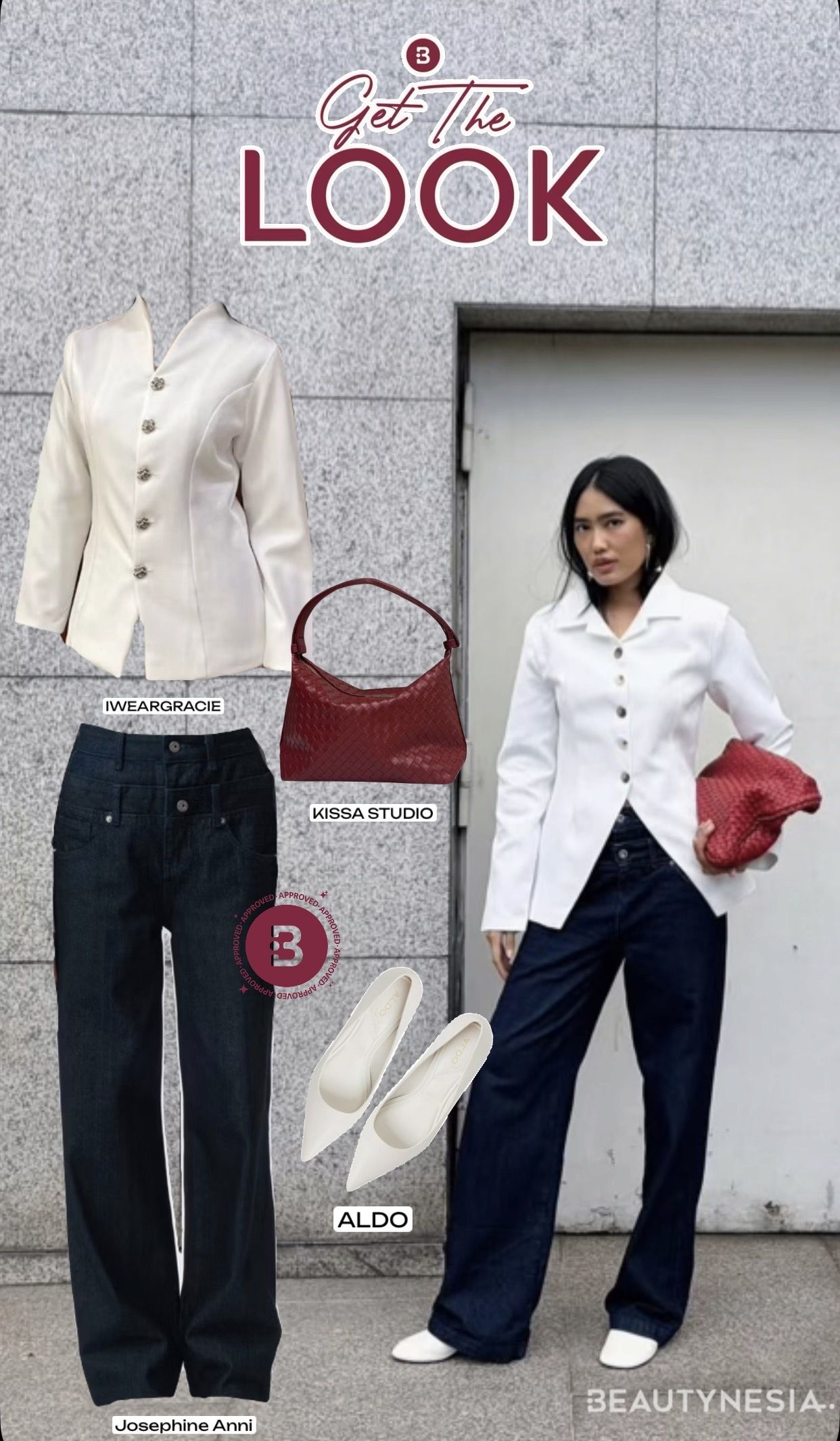 Alika memadukan atasan putih dengan potongan tailored untuk kesan yang profesional dengan denim berwarna navy blue berdesain double waistband.