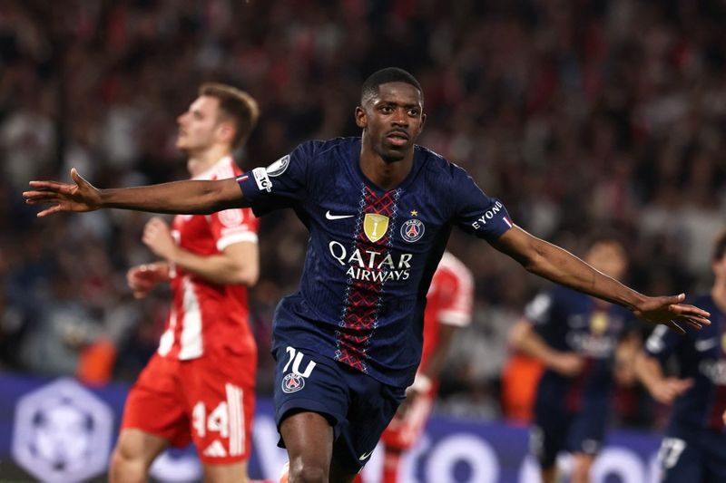 Ousmane Dembele Paris Saint-Germain's French forward #10 Ousmane Dembele celebrates after scoring his team third goal during the UEFA Champions League semi-final first leg football match between Paris Saint-Germain (PSG) and Bayern Munich at the Parc des Princes in Paris on April 28, 2026. (Photo by FRANCK FIFE / AFP)