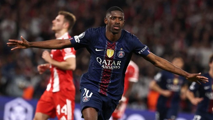 Paris Saint-Germains French forward #10 Ousmane Dembele celebrates after scoring his team third goal during the UEFA Champions League semi-final first leg football match between Paris Saint-Germain (PSG) and Bayern Munich at the Parc des Princes in 