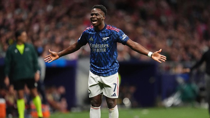 Arsenals Bukayo Saka reacts during the UEFA Champions League semi-final first leg match at the Riyadh Air Metropolitano, Madrid. Picture date: Wednesday April 29, 2026. (Photo by Adam Davy/PA Images via Getty Images)