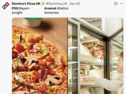Akun restoran pizza franchise ternama cabang Inggris bahkan membandingkan 2 laga semifinal Liga Champions bak pizza asli dengan pizza beku. (Foto: dok. Twitter/@Dominos_UK)