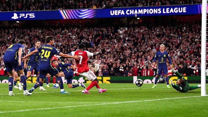 Arsenals Bukayo Saka scores their sides first goal of the game during the UEFA Champions League semi-final second leg match at the Emirates Stadium, London. Picture date: Tuesday May 5, 2026. (Photo by John Walton/PA Images via Getty Images)