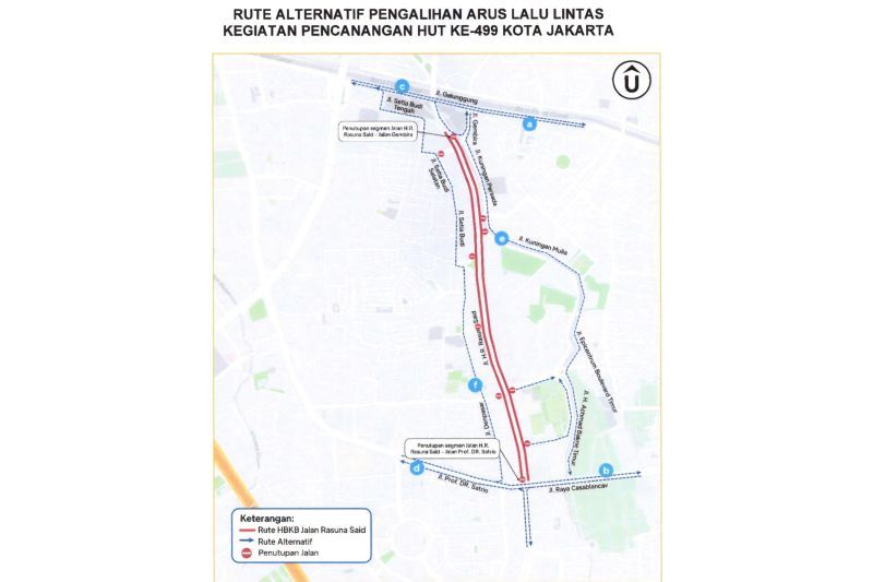 Rute pengganti pengalihan arus lampau lintas saat aktivitas Pencanangan HUT ke-499 Kota Jakarta di Jalan HR Rasuna Said, Jakarta, pada Minggu, 10 Mei 2026.