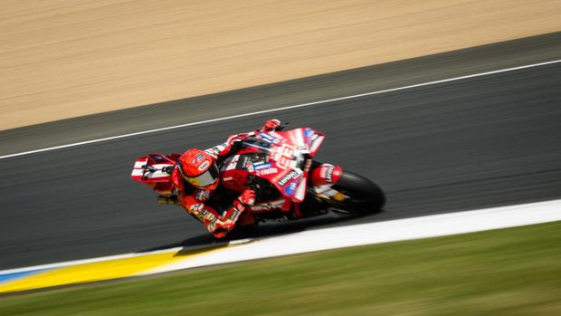 Ducati Lenovo Team's Spanish rider Marc Marquez corners during the first practice session ahead of the Moto GP Grand Prix of France at Le Mans, northwestern France, on May 8, 2026. (Photo by Loic VENANCE / AFP)