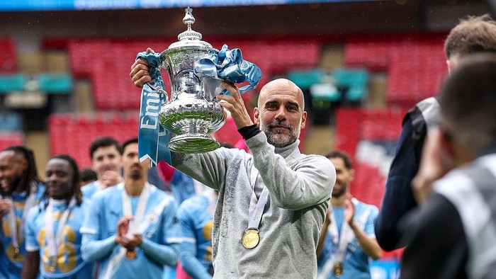 LONDON, ENGLAND - MAY 16: Head Coach Pep Guardiola of Manchester City after his sides 1-0 wi during the Emirates FA Cup Final match between Chelsea and Manchester City on May 16, 2026 in London, England. (Photo by Robin Jones/Getty Images)