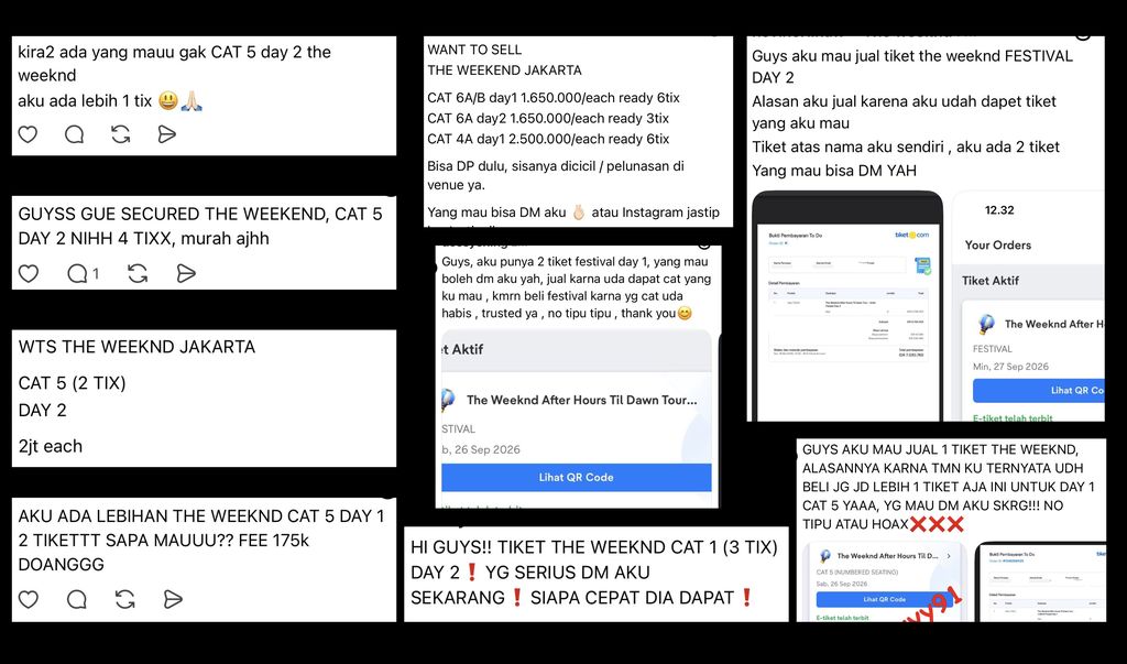 Presale tiket konser The Weeknd di Jakarta International Stadium (JIS) pada 26-27 September 2026 baru dimulai kemarin (18/5), namun per hari ini sudah banyak pengguna media sosial yang menjual kembali tiket konser tersebut.