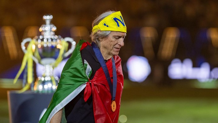 RIYADH, SAUDI ARABIA - MAY 21: Al Nassrâs head coach Jorge Jesus celebrates the championship after defeating Damac 4-1 in the Saudi Pro League at King Saud University Stadium in Riyadh, Saudi Arabia, on May 21, 2026. (Photo by Mohammed Saad/Anadolu 