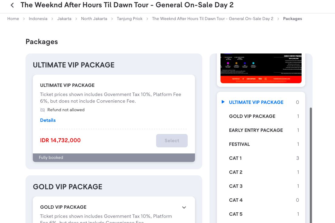 The Weeknd Jakarta 2026 Tiket konser The Weeknd di Jakarta International Stadium (JIS) pada 26-27 September 2026 terpantau masih tersedia setelah lebih dari 24 jam penjualan umum dibuka pada Kamis (21/5) pukul 14.00 WIB.