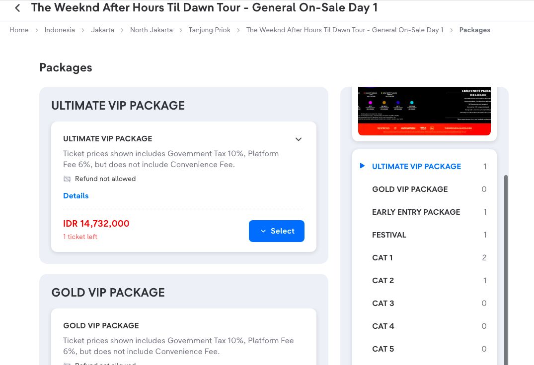 The Weeknd Jakarta 2026 Tiket konser The Weeknd di Jakarta International Stadium (JIS) pada 26-27 September 2026 terpantau masih tersedia setelah lebih dari 24 jam penjualan umum dibuka pada Kamis (21/5) pukul 14.00 WIB.