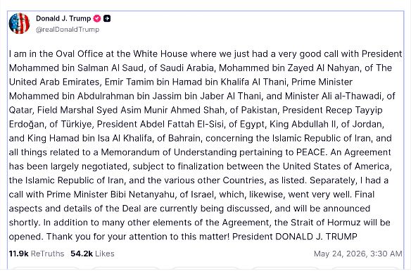 Donald Trump Presiden Donald Trump mengatakan bahwa kesepakatan dengan Iran “sebagian besar sudah dinegosiasikan” termasuk berkaitan dengan pembukaan kembali Selat Hormuz, Sabtu (23/5/2026).