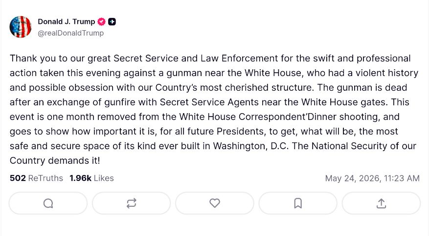 Donald Trump Pernyataan Presiden Donald Trump soal penembakan dekat Gedung Putih pada Sabtu (23/5) sore waktu Washington DC.