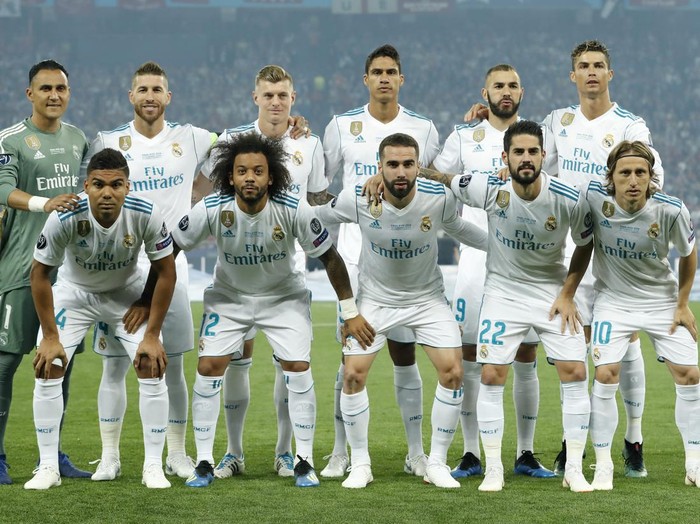 (Top Row L-R)  goalkeeper Keylor Navas of Real Madrid, Sergio Ramos of Real Madrid, Toni Kroos of Real Madrid, Raphael Varane of Real Madrid, Karim Benzema of Real Madrid, Cristiano Ronaldo of Real Madrid 
(Front row L-R)  Casemiro of Real Madrid, Marcelo of Real Madrid, Daniel Carvajal of Real Madrid, Isco of Real Madrid, Luka Modric of Real Madrid during the UEFA Champions League final between Real Madrid and Liverpool on May 26, 2018 at NSC Olimpiyskiy Stadium in Kyiv, Ukraine(Photo by VI Images via Getty Images)