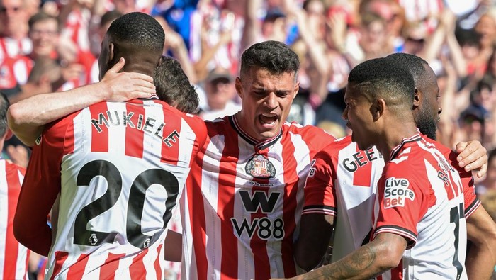 Granit Xhaka of Sunderland FC celebrates Trai Humes goal during the Premier League match between Sunderland and Chelsea at the Stadium of Light in Sunderland, United Kingdom, on May 24, 2026. (Photo by Scott Llewellyn/MI News/NurPhoto via Getty Imag