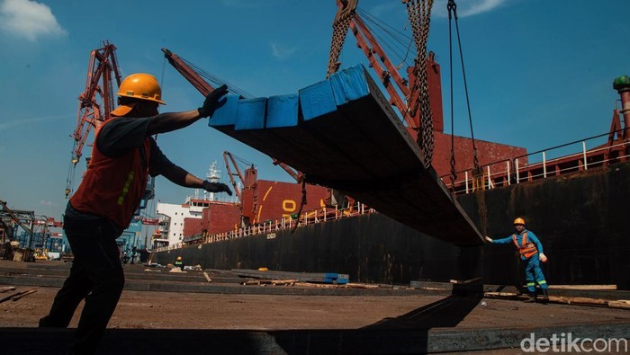 Petugas menurunkan muatan dari kapal di Pelabuhan Tanjung Priok Nonpetikemas, Jakarta, Selasa (26/5/2026).