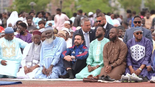 NEW YORK CITY, UNITED STATES - MAY 27: New York City Mayor Zohran Mamdani participates in Eid al-Adha prayers and delivers remarks at Yancey Track and Field at Macombs Dam Park in the Bronx, New York City, United States, on May 27, 2026. Worshippers gathered to mark Eid al-Adha celebrations at the venue. (Photo by Selcuk Acar/Anadolu via Getty Images)