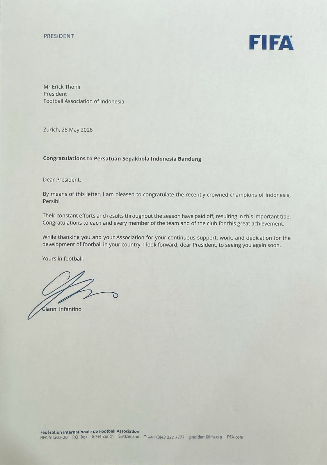 Presiden FIFA Surati Persib via Erick Thohir, Beri Ucapan Selamat