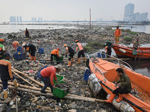 Petugas Bersihkan Hamparan Sampah di Perairan Jakarta