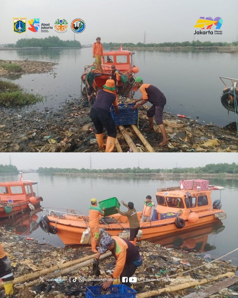 Video hamparan sampah membentuk pulau di pesisir Jakut viral di medsos. Petugas gabungan membersihkan 'pulau sampah' tersebut. (dok DLH DKI)