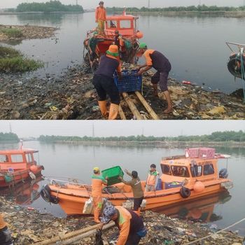 Video hamparan sampah membentuk pulau di pesisir Jakut viral di medsos. Petugas gabungan membersihkan 'pulau sampah' tersebut. (dok DLH DKI)