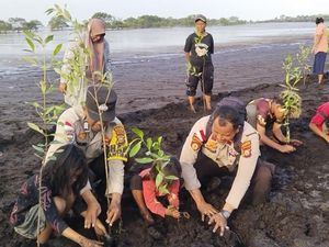 Hari Lingkungan, Polisi dan Suku Akit Tanam Mangrove di Kepulauan Meranti