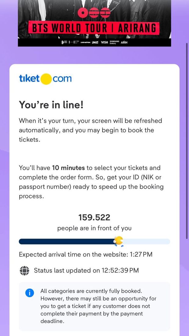 Tiket presale konser BTS Jakarta fully booked Tiket Day 2 konser BTS Jakarta fully booked kurang dari satu jam presale berlangsung. Foto: (Tangkapan layar tiketcom)