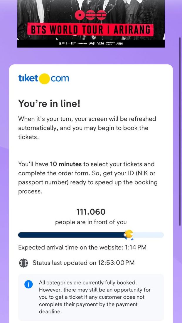 Tiket presale konser BTS Jakarta fully booked Tiket presale konser BTS Jakarta fully booked. (Tangkapan layar tiketcom)