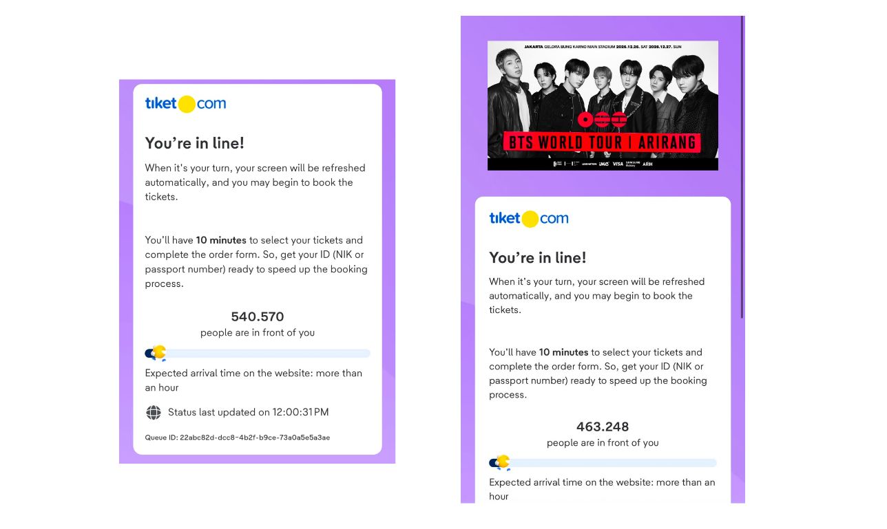 War Tiket BTS Jakarta ARMY Presale War Tiket BTS Jakarta ARMY Presale hari pertama, Selasa (9/6) untuk konser Day 1 (kiri) dan Day 2 (kanan).