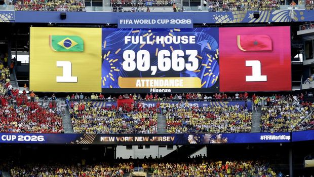 Soccer Football - FIFA World Cup 2026 - Group C - Brazil v Morocco - New York/New Jersey Stadium, East Rutherford, New Jersey, U.S. - June 13, 2026 A big screen displays the match attendance REUTERS/Jeenah Moon