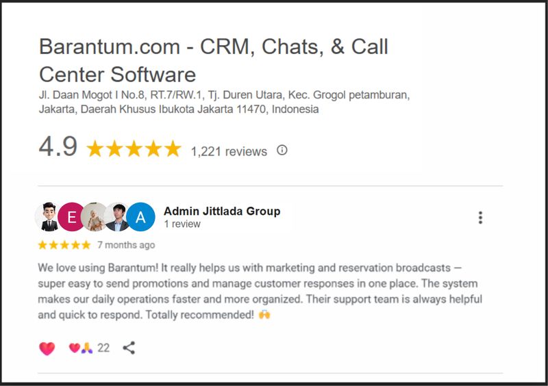 Rating Barantum di Google Bisnis mencapai 4,9/5 berasas 1.221 ulasan pengguna per 12 Juni 2026.