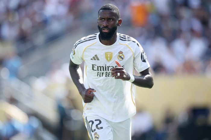 EAST RUTHERFORD, NEW JERSEY - JULY 09: Antonio Ruediger #22 of Real Madrid C. F. reacts during the FIFA Club World Cup 2025 semi-final match between Winner Game 59 and Winner Game 60 at MetLife Stadium on July 09, 2025 in East Rutherford, New Jersey.