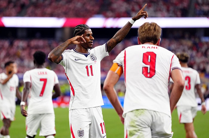 Englands Marcus Rashford celebrates scoring his sides fourth goal during the FIFA World Cup Group L match at the Dallas Stadium, Arlington. Picture date: Wednesday June 17, 2026. (Photo by Bradley Collyer/PA Images via Getty Images)