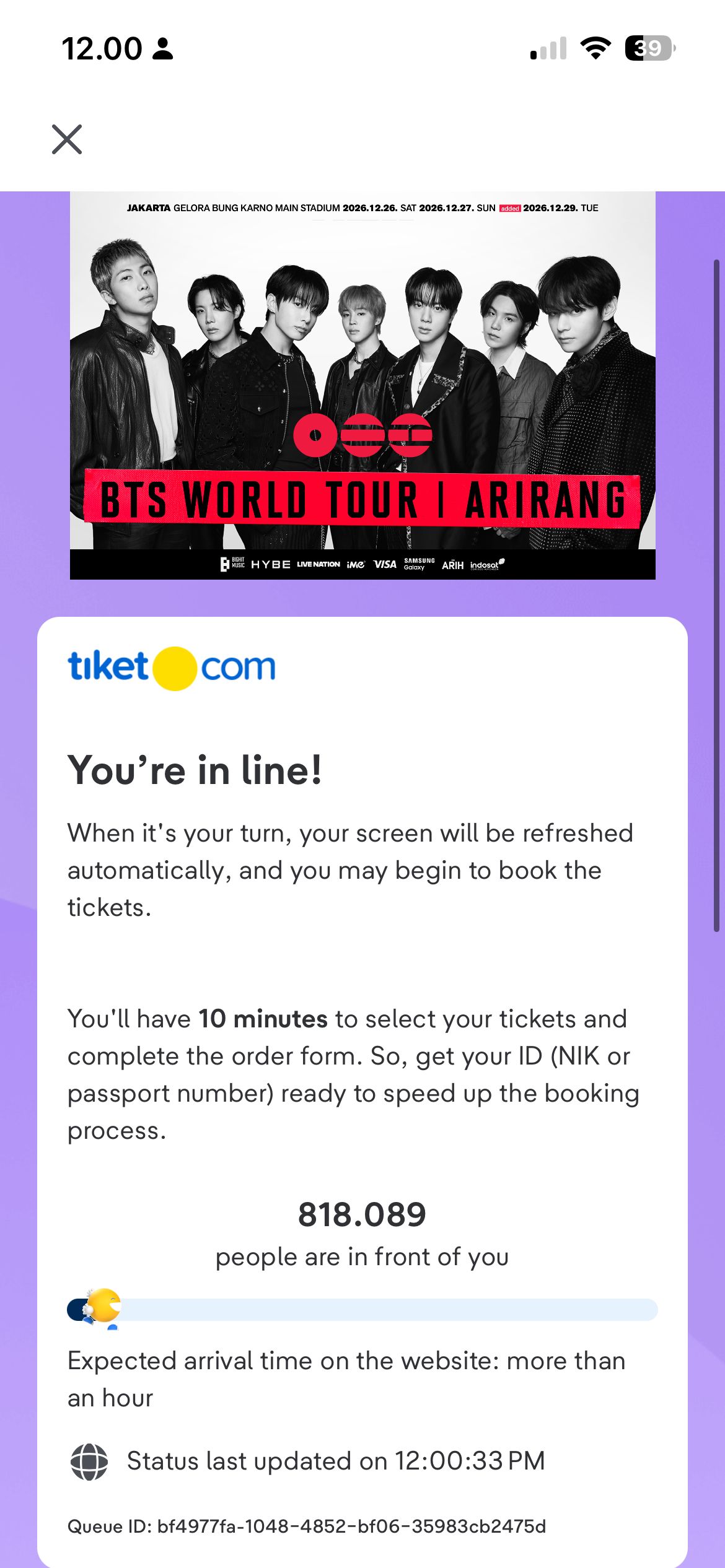 Antrean general sale tiket konser BTS Jakarta Day 3, Sabtu (20/6/2026).