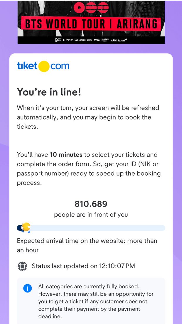 Antrean BTS Jakarta Day 3 Tiket konser BTS Jakarta Day 3 ludes dipesan atau fully booked dalam 10 menit general sale, Sabtu (20/6/2026)