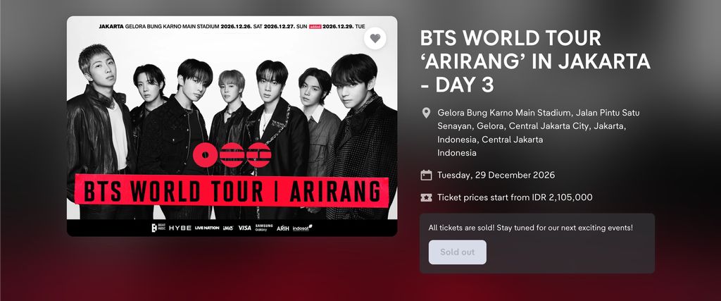 Tiket konser BTS di Jakarta Day 3 sold out pada Sabtu (20/6).
