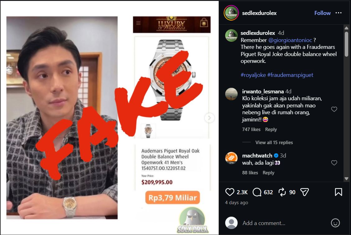 Giorgio Antonio diduga pakai jam tangan mewah palsu.