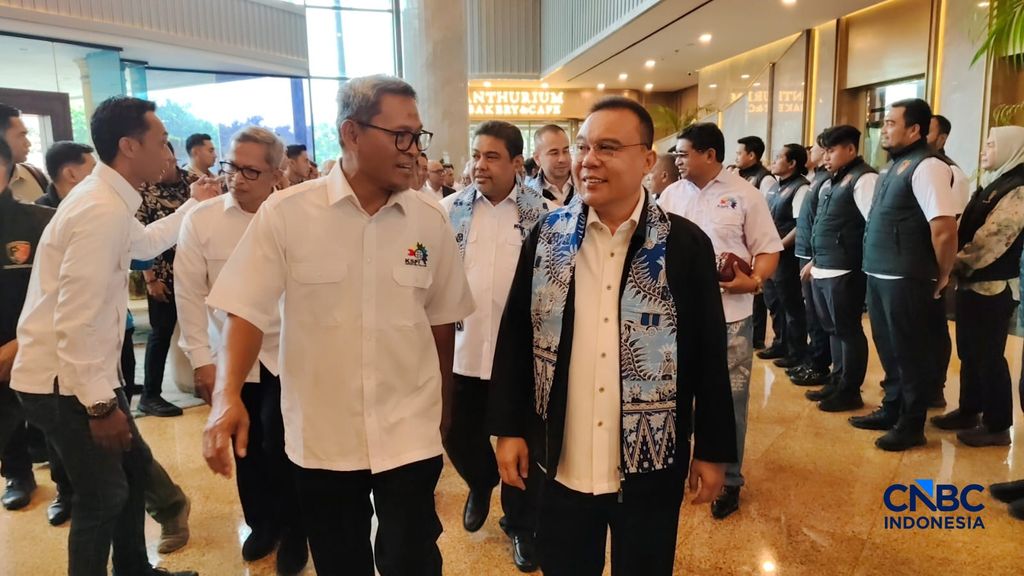 Wakil Ketua DPR RI Sufmi Dasco Ahmad saat aktivitas Rapat Kerja Nasional (Rakernas) KSPI 2026 di Jakarta, Selasa (23/6/2026). (CNBC Indonesia/Ferry Sandi)