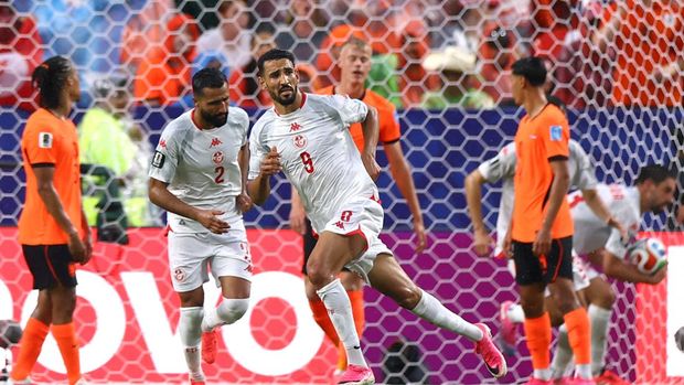 Soccer Football - FIFA World Cup 2026 - Group F - Tunisia v Netherlands - Kansas City Stadium, Kansas City, Missouri, U.S. - June 25, 2026 Tunisia's Hazem Mastouri celebrates scoring their first goal REUTERS/Claudia Greco