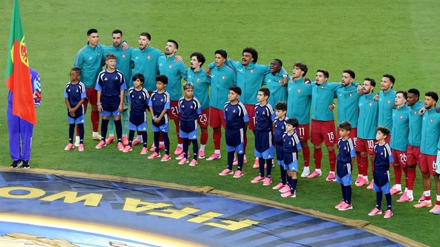 Soccer Football - FIFA World Cup 2026 - Group K - Colombia v Portugal - Miami Stadium, Miami Gardens, Florida, U.S. - June 27, 2026 Portugal players during the national anthems before the match REUTERS/Amanda Perobelli