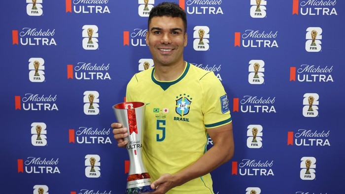 HOUSTON, TEXAS - JUNE 29: Casemiro #5 of Brazil poses for a photograph with the Superior Player of the Match award after the FIFA World Cup 2026 Round Of 32 match between Brazil and Japan at Houston Stadium on June 29, 2026 in Houston, Texas. (Photo