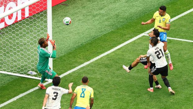 Soccer Football - FIFA World Cup 2026 - Round of 32 - Brazil v Japan - Houston Stadium, Houston, Texas, U.S. - June 29, 2026 Brazil's Casemiro scores their first goal REUTERS/Pedro Nunes
