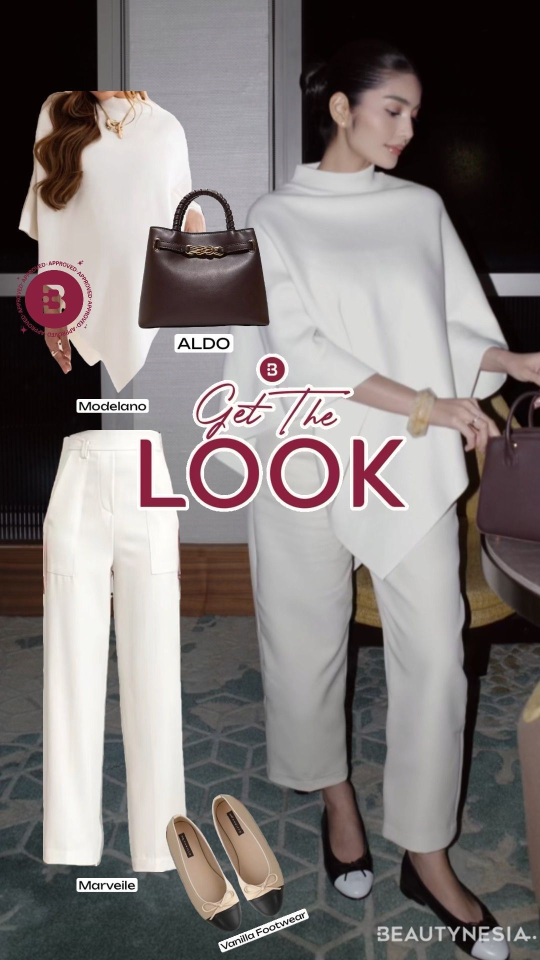 Di look kali ini, Debi menggunakan atasan model poncho dengan kerah tinggi, memberikan kesan anggun dan menawan. Atasan tersebut ia padukan dengan ankle pants berwarna senada dan dipermanis dengan alas kaki berupa flat shoes.