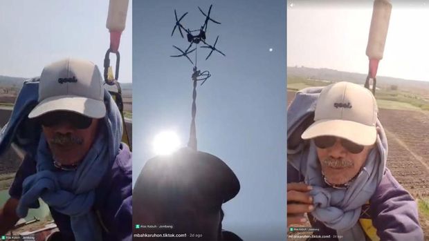 Seorang petani menuju kebun menggunakan drone. (Tangkapan Layar Tiktok/@mbahkaruhon.tiktok.com1)