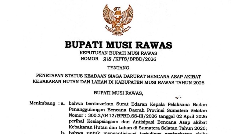 Musi Rawas Tetapkan Status Siaga Darurat Asap Akibat Karhutla